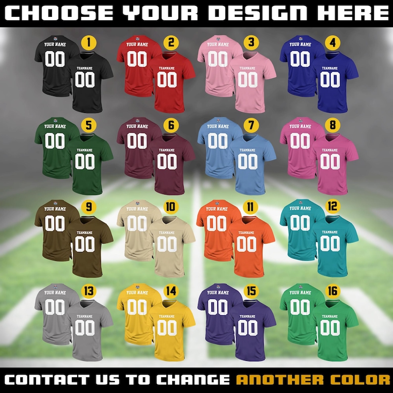Pu&ograve; includere: Una selezione di sedici maglie sportive personalizzabili in vari colori, ognuna con il testo "YOUR NAME" e "TEAM NAME" con il numero "00". L'immagine include il testo "CHOOSE YOUR DESIGN HERE" e "CONTACT US TO CHANGE ANOTHER COLOR".