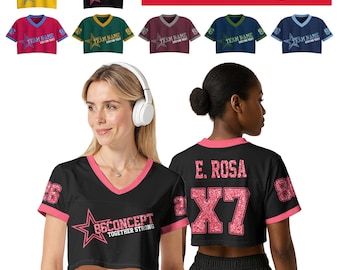 Custom Glitter Black and Pink Football Crop Top Jersey, Personalized Team Name Number Crop For Fan Shirt Cheerleading Gifts Concert Outfit