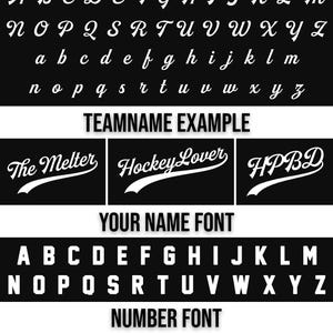May include: A black and white graphic showcasing various fonts for team names, names, and numbers. The image includes examples of cursive and block letter fonts, along with the numbers 0 through 9. The text "TEAMNAME FONT", "TEAMNAME EXAMPLE", "YOUR NAME FONT", and "NUMBER FONT" are displayed.
