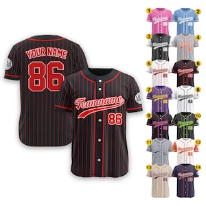Custom Baseball Jersey Shirt With Team Name Number Logo for Adult Preschool Youth Ideal Gifts for Baseball Fan Pinstripe Black Red Jersey