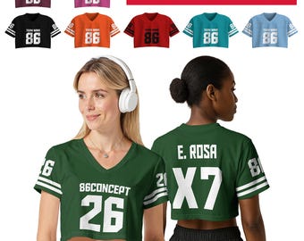 Camiseta personalizada con cuello en V para mujer, para conciertos y festivales, top corto de equipo de fútbol para fan, atuendo de concierto, malla de poliéster.