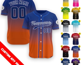 Camisa de beisebol personalizada gradiente com logotipo numérico para homens, mulheres, jovens, pré-escola, camisa de beisebol com nome de time personalizado, camisa de beisebol para presente