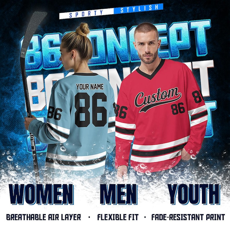 May include: A promotional image showcasing hockey jerseys. One is light blue with the number 86, the other is red with the word "Custom" and the number 86. The image includes the words "Women", "Men", and "Youth". The text "Sporty Stylish" is at the top.