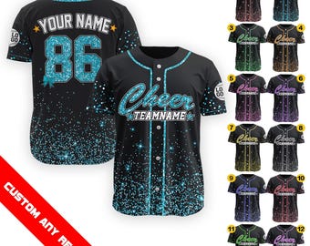 Personalized Glitter Baseball Jersey with Team Name Number for Adult Kid, Custom Cheerleading Team Baseball Jersey, Cheer Shirt Uniforms