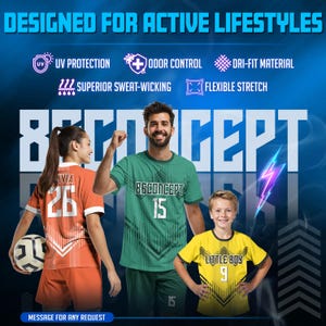 May include: Image features three people wearing athletic jerseys. The jerseys are orange, green, and yellow, each with unique designs and numbers. Text at the top reads "DESIGNED FOR ACTIVE LIFESTYLES" with icons for UV protection, odor control, and other features. The brand name "86CONCEPT" is visible.
