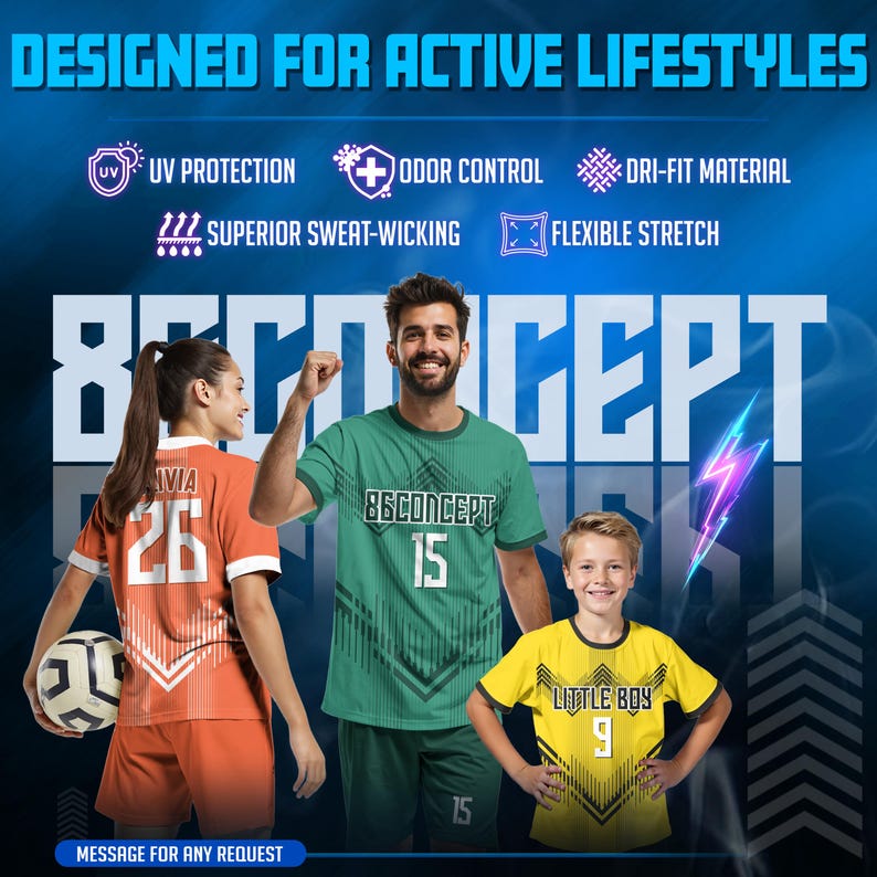 May include: Image features three people wearing athletic jerseys. The jerseys are orange, green, and yellow, each with unique designs and numbers. Text at the top reads "DESIGNED FOR ACTIVE LIFESTYLES" with icons for UV protection, odor control, and other features. The brand name "86CONCEPT" is visible.