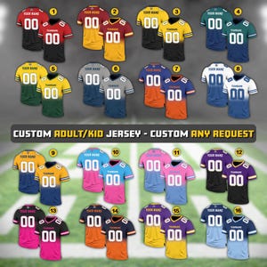 May include: A set of 16 customisable football jerseys with different colour combinations. Each jersey has a number and the text "YOUR NAME" and "TEAMNAME".