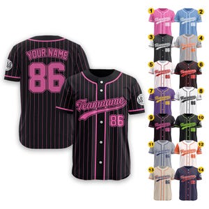 Custom Baseball Jersey Shirt With Team Name Number Logo for Adult Preschool Youth Ideal Gifts for Baseball Fan Pinstripe Black Pink Jersey