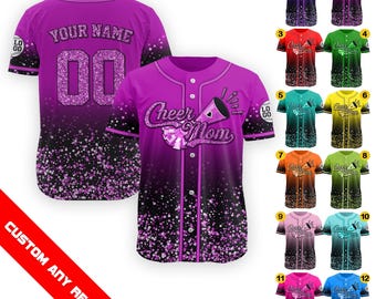Personalized Cheer Mom Faux Glitter Jersey, Custom Name Number Baseball Jersey, Cheer Competition Outfit Shirt, Cheerleader Gift for Mom