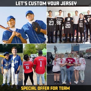 May include: A collage of images showing people wearing custom jerseys with different names and numbers. The jerseys are in various colors, including blue, red, and black. The text "LET'S CUSTOM YOUR JERSEY" and "SPECIAL OFFER FOR TEAM" are visible in the image.