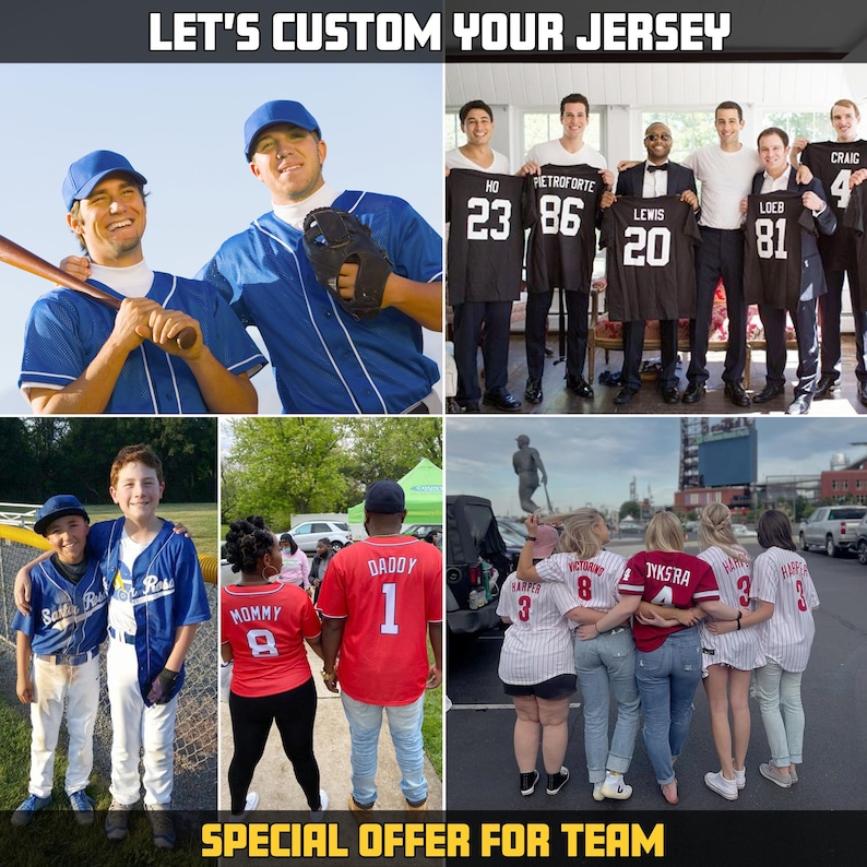 May include: A collage of images showing people wearing custom jerseys with different names and numbers. The jerseys are in various colors, including blue, red, and black. The text "LET'S CUSTOM YOUR JERSEY" and "SPECIAL OFFER FOR TEAM" are visible in the image.