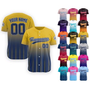 May include: A collection of baseball jerseys in various colors with a gradient design. The jerseys have a white, yellow, and blue color scheme. The jerseys have a number "00" on the back and the text "Teamname" on the front. The jerseys are available in a variety of colors, including red, blue, green, purple, and black.
