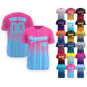 Personalized Baseball Jersey With Team Name Number Logo for Adult Youth Preschool, Baseball Gift for Baseball Lover Gradient Pink Blue Shirt