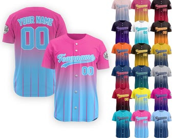 Personalized Baseball Jersey With Team Name Number Logo for Adult Youth Preschool, Baseball Gift for Baseball Lover Gradient Pink Blue Shirt
