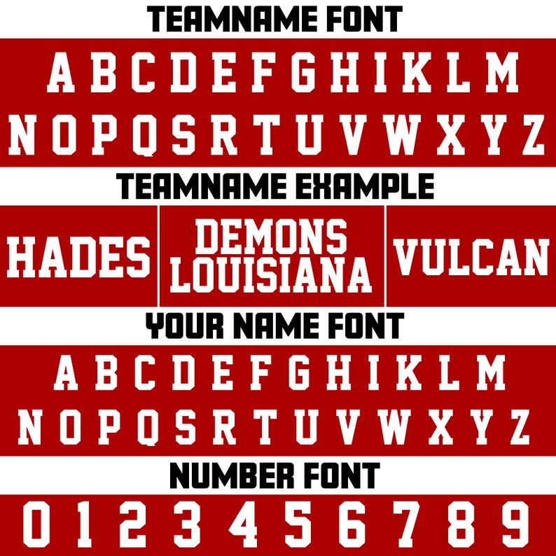 Pu&ograve; includere: Un grafico rosso e bianco con vari font per nomi di squadre, nomi di giocatori e numeri. Gli esempi includono "HADES", "DEMONS LOUISIANA" e "VULCAN". L'immagine mostra l'alfabeto e i numeri 0-9.