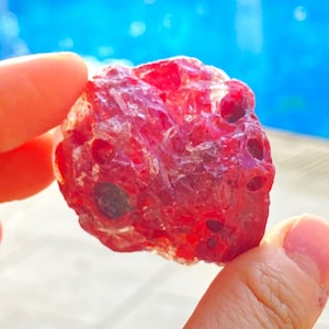 May include: A raw, vibrant red mineral specimen with a translucent, crystalline structure and a porous, uneven surface texture. The stone features deep crimson hues and small, dark circular indentations scattered across its irregular shape.