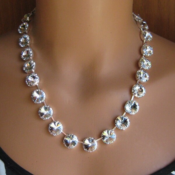 Swarovski Clear Crystal Rivoli Rhinestone  Silver Necklace, Anna Wintour Inspired, 14mm Big Stones Necklace Layering Necklace