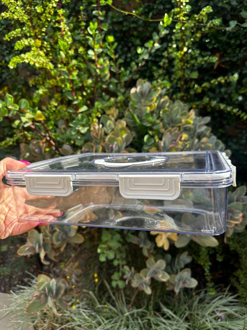 Puede incluir: Un recipiente rectangular de pl&aacute;stico transparente con una tapa gris y un cierre en cada lado. El recipiente est&aacute; vac&iacute;o.