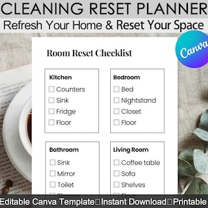 Cleaning Reset Planner | Home Cleaning Checklist | Declutter Planner Printable | Weekly Cleaning Schedule | Editable Canva Template