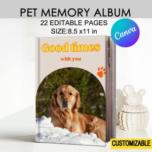 Può includere: Un album di ricordi per animali domestici con la scritta "Good times with you". La copertina presenta un golden retriever in un ambiente innevato. L'album ha 22 pagine modificabili e misura 21,59 x 27,94 cm.