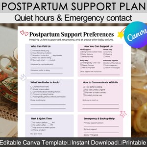 Può includere: Un modello stampabile di piano di supporto post-partum con sezioni per preferenze, supporto e contatti di emergenza. Il documento include aree per chi può visitare, come comunicare e il tempo di riposo. Il modello Canva è disponibile per il download immediato.