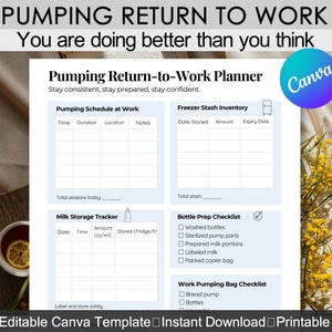 May include: A printable Pumping Return-to-Work Planner with sections for scheduling, freezer inventory, milk storage, and checklists. The planner includes the text "You are doing better than you think."
