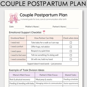Può includere: Un Piano Postpartum per Coppie bianco e rosa, una guida condivisa per amore, cura e comunicazione dopo la nascita. La lista di controllo include i bisogni emotivi e come il partner può aiutare. Include idee di divisione dei compiti.
