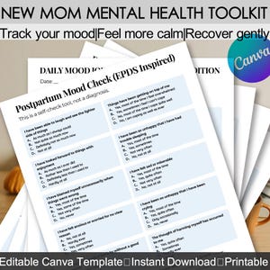 Może przedstawiać: Drukowany zestaw narzędzi do zdrowia psychicznego dla młodych matek. Obraz przedstawia formularz "Postpartum Mood Check" z pytaniami dotyczącymi nastroju i uczuć. Tekst zawiera "Śledź swój nastrój" i "Natychmiastowe pobieranie".