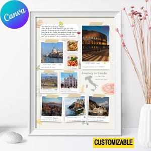 Può includere: Un poster collage di viaggio incorniciato intitolato Journey to Canda con diverse foto in stile Polaroid di monumenti italiani come il Colosseo e Venezia, note scritte a mano, una mappa dell'Italia e piccole illustrazioni.