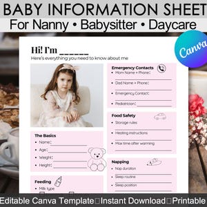 Può includere: Un foglio informativo per bambini rosa e bianco per una tata, una babysitter o un asilo nido. Il foglio include sezioni per i contatti di emergenza, la sicurezza alimentare, i pisolini e le informazioni di base. Il foglio ha una foto di una bambina.