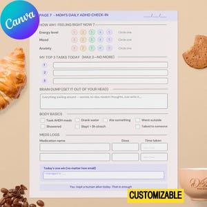 Può includere: Un foglio di carta bianco intitolato Mom's Daily ADHD Check-in con sezioni per i livelli di energia, umore e ansia, le tre attività principali, un'area per lo sfogo mentale, caselle di controllo, registri dei farmaci e uno spazio per i successi.