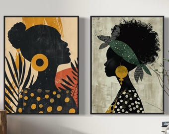 Black Woman Wall Art Set of 2, Boho Silhouette Prints, Afro Mid Century Gallery Decor, African American Profile Art, Gold Earring Poster