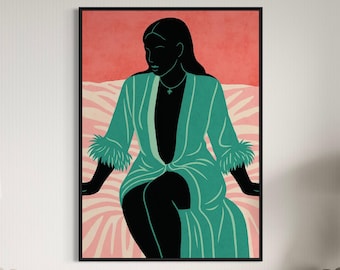 Grafika ścienna z buduarem dla czarnoskórej kobiety, zmysłowy nadruk na turkusowym szlafroku, różowy wystrój sypialni, elegancka ilustracja afroamerykańska, plakat Afro Lounge