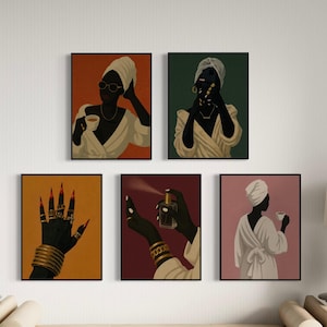 Set of 5 Black Woman Art, Urban Wall Art, Black Art Prints, Black Girl Art, Self Care Wall Art, African American Art, Black Feminine Art