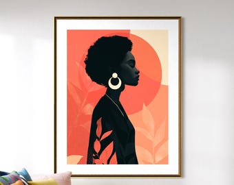 Può includere: Una stampa artistica incorniciata raffigurante il profilo di una persona con capelli scuri e grandi orecchini a cerchio. L'opera d'arte utilizza toni arancioni e pesca con elementi botanici. La persona indossa un abito nero.