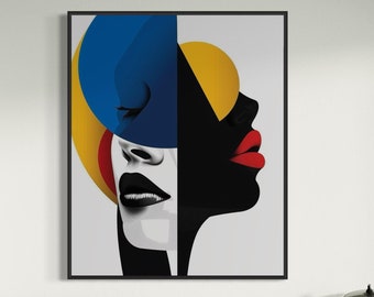 Abstrakt svart konst, konst med svarta kvinnor, väggkonst med svarta flickor, konstverk med dualitetsansikten, minimalistisk afrokonst, modern svart konst, afroamerikansk konst