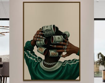 Black Woman Art, Luxury Black Art, Black Girl Wall Art, Urban Wall Art, African American Art, Black People Artwork, Money Hair Rollers Art