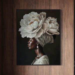 Art floral femme noire pour couronne, impression portrait pivoine blanche, élégante décoration sombre, art du foulard afro-américain, poster floral ébène