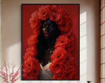 Dark Skin Beauty Wall Art, Red Flower Black Woman Print, Ebony Floral Portrait, Dramatic African American Art, Romantic Red Poster
