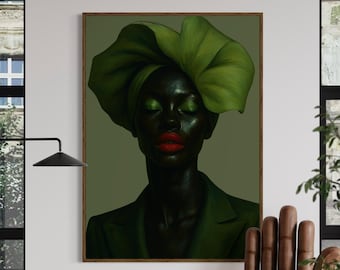 African American Wall Art Digital Download, Black Woman Headwrap Portrait, Olive Green Decor, Afrocentric Printable, Monochrome Oil Painting