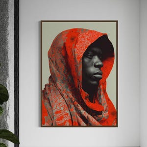 Kunst aan de muur zwarte man, portret met capuchon risograph, Afro-Amerikaanse kunst, rood patroon cultureel decor, Black King Art Download