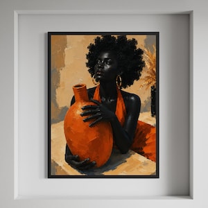 Op de afbeelding: Een ingelijste kunstdruk met een vrouw met een donkere huid en krullend haar, gekleed in een oranje jurk en gouden oorringen. Ze houdt een grote, oranje keramische vaas vast. De achtergrond heeft een neutraal kleurenpalet.