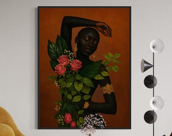 Schwarze Wandkunst, schwarze Mädchenwandkunst, afroamerikanische Kunst, schwarze Frauenkunst, schwarze Blumenkunst, örtliche Wandkunst, Frauenblumenkunst, schwarze Kunst