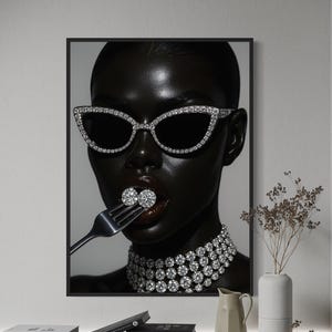 Arte de Mulher Negra, Arte Negra de Luxo, Arte Afro-Americana, Arte de Parede com Diamantes, Arte de Parede com Garota Negra, Arte Urbana de Parede, Gravuras de Arte Negra, Arte Afro