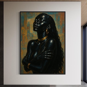 Ebony Woman Art Print, Gold Hoop Earrings and Teal Oil Painting Poster, Black Goddess Wall Art for Living Room, Black Art Gift