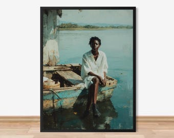Black Woman Boat Art, African American Lake Print, Classical Oil Painting Black Girl, Contemplative Portrait, Cabin Home Decor Gift for Her