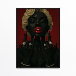 May include: A framed art print depicting a person with dark skin, red lipstick, and red nail polish. The person is wearing rings and a bracelet. The background is a deep red. The hair is blonde.