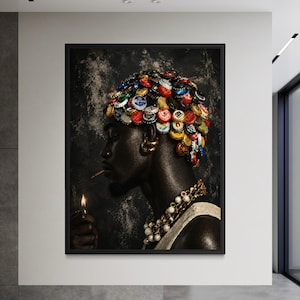 May include: A framed wall art print depicting a person in profile with a head covering made of colourful metal bottle caps. The person wears a pearl necklace and holds a lit cigarette. The background is a dark, textured, mottled grey surface.