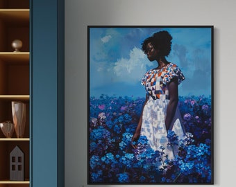 Blue Floral Field Black Woman Art - Afro Fine Art Portrait, Dreamy Flower Wall Art, Printable Digital Download Decor