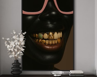 Gold Grillz Wall Art, African American Portrait Print, Black Smile Art Poster, Hip Hop Decor, Melanin Beauty Close Up, Black Culture Art